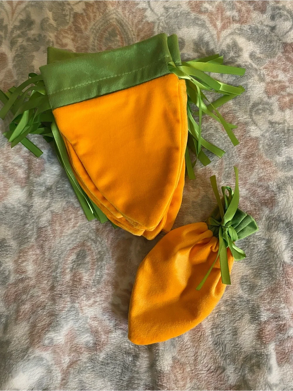 Orange and Green Velvet Drawstring Carrot Pouches for Easter